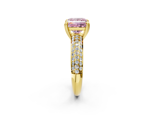 Yellow gold Fancy Pink Princess  Cut Pave Diamond Engagement Ring with Channel Set Band and Four-Prong Setting