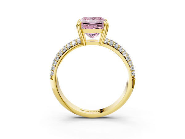 Yellow gold Fancy Pink Princess  Cut Pave Diamond Engagement Ring with Channel Set Band and Four-Prong Setting