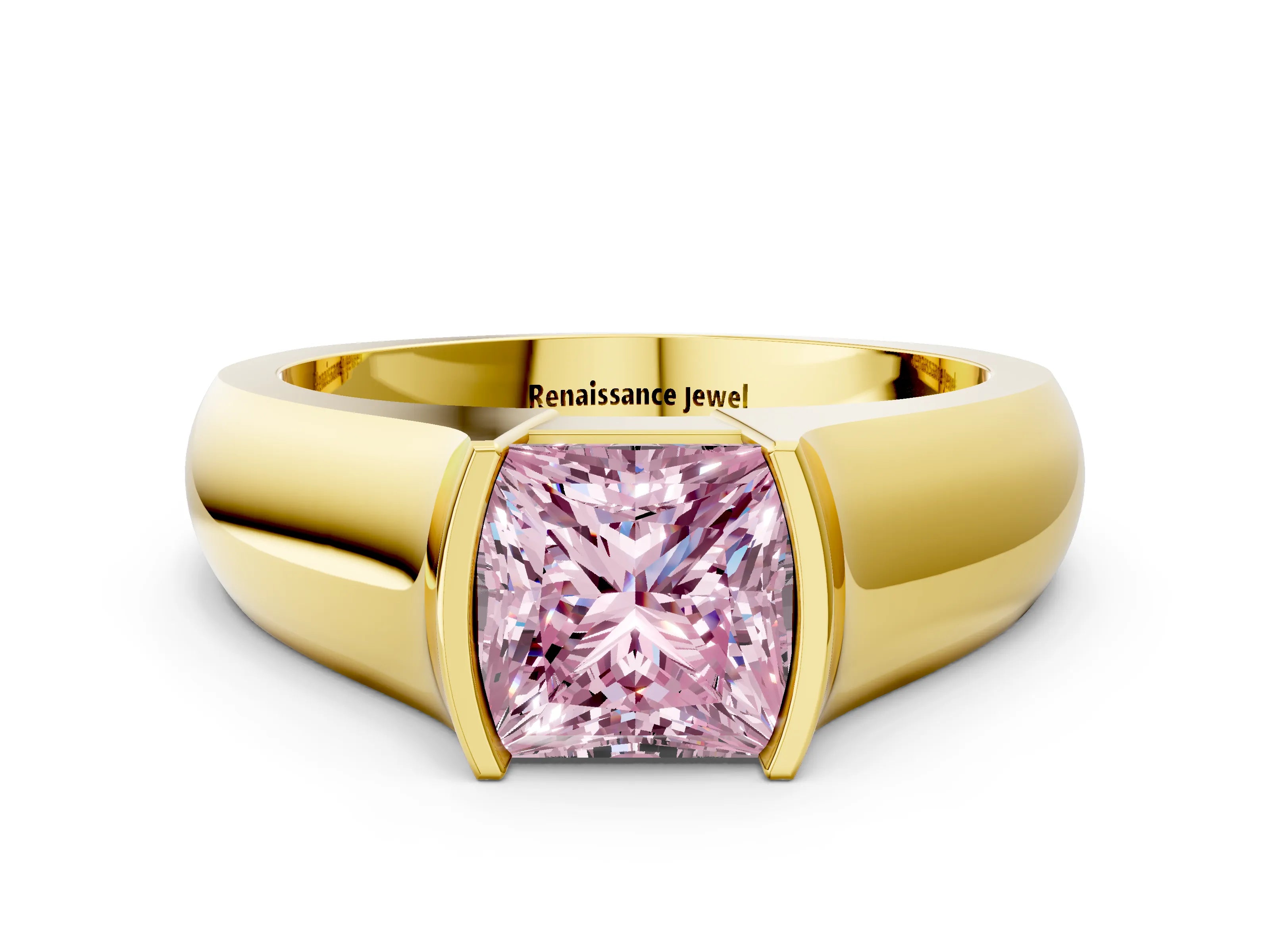 Yellow gold Fancy Pink Princess Cut Solitaire Bezel Set Diamond Ring with Wide Band