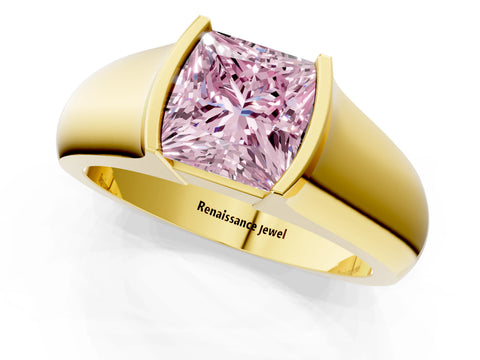 Yellow gold Fancy Pink Princess Cut Solitaire Bezel Set Diamond Ring with Wide Band_1