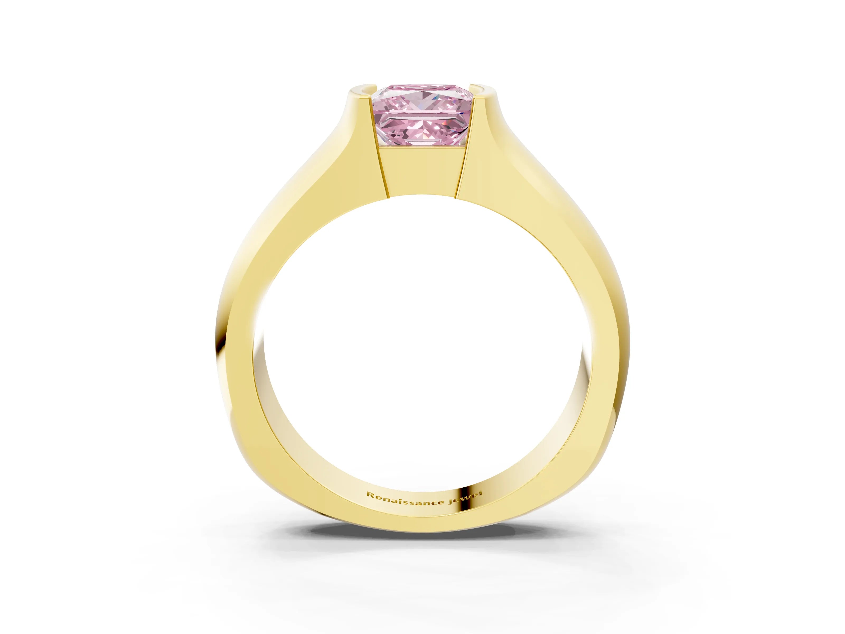 Yellow gold Fancy Pink Princess Cut Solitaire Bezel Set Diamond Ring with Wide Band_3