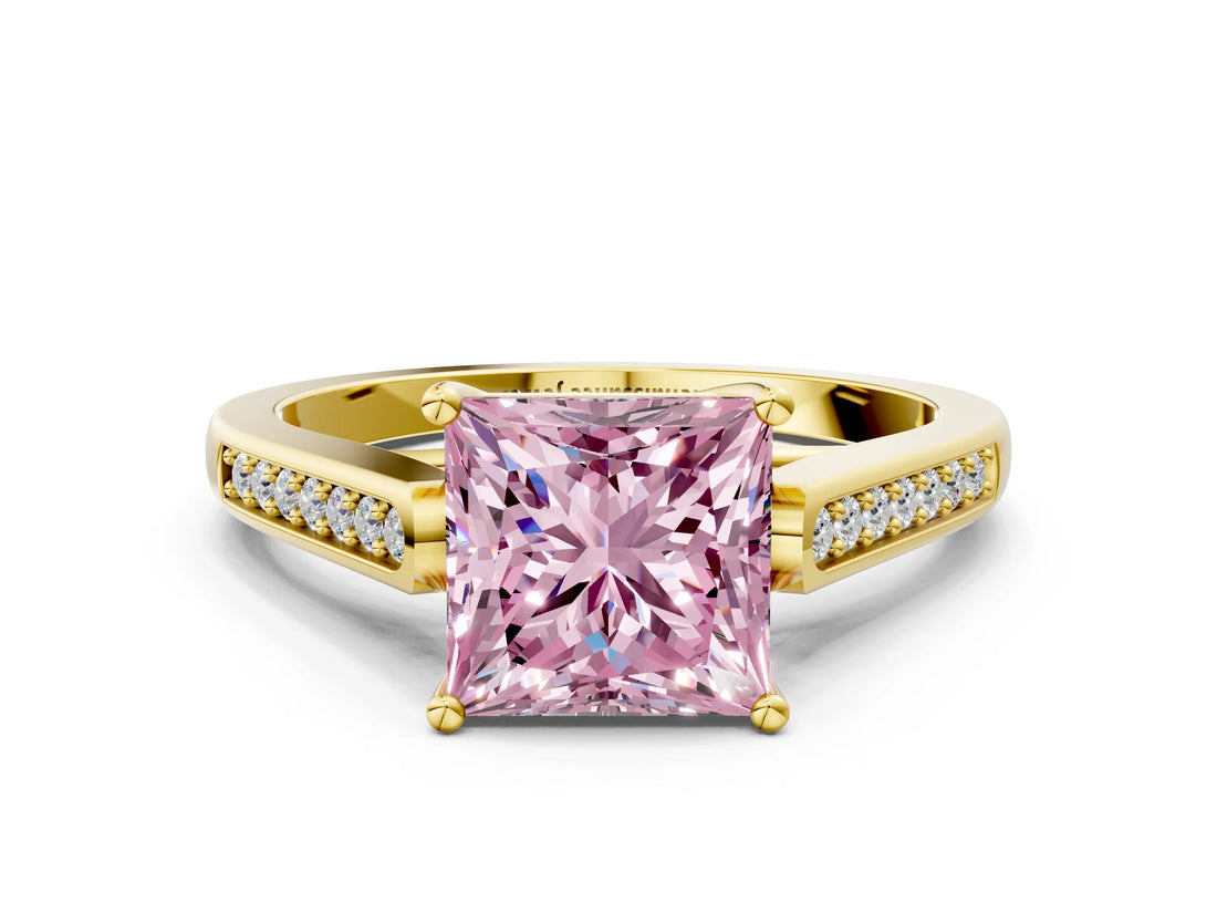 Yellow gold Fancy Pink Princess Cut Solitaire Cathedral Diamond Engagement Ring with Channel-Set Band and Four-Prong Setting_3