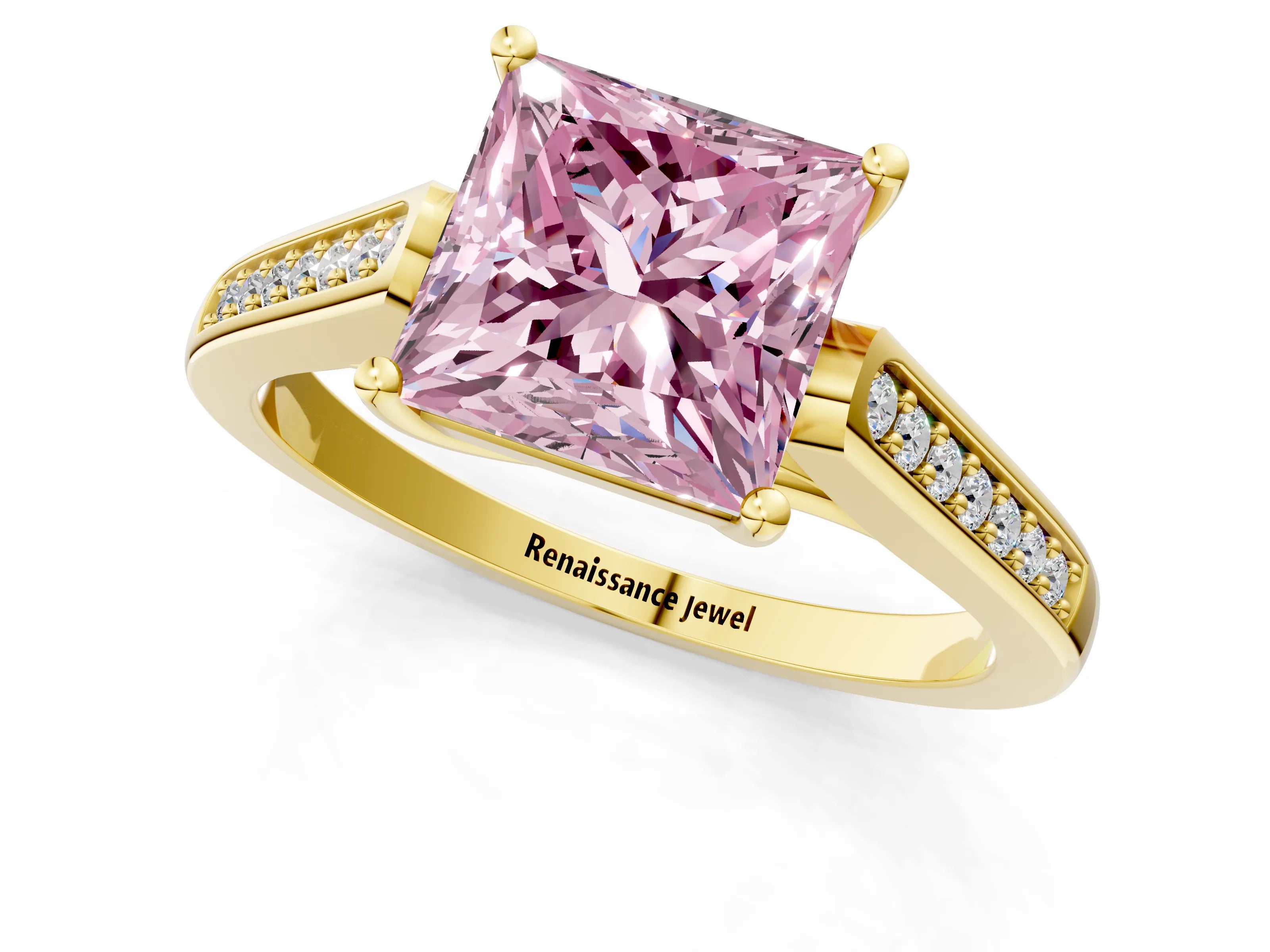 Yellow gold Fancy Pink Princess Cut Solitaire Cathedral Diamond Engagement Ring with Channel-Set Band and Four-Prong Setting_4