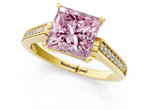 Yellow Gold Princess Cut Cathedral Solitaire Engagement Ring Setting for Fancy Pink Center