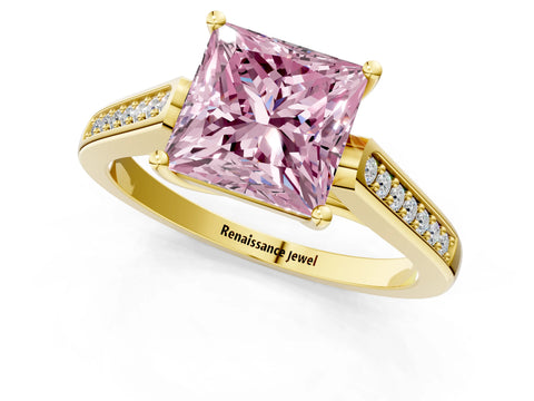 Yellow gold Fancy Pink Princess Cut Solitaire Cathedral Diamond Engagement Ring with Channel-Set Band and Four-Prong Setting_4