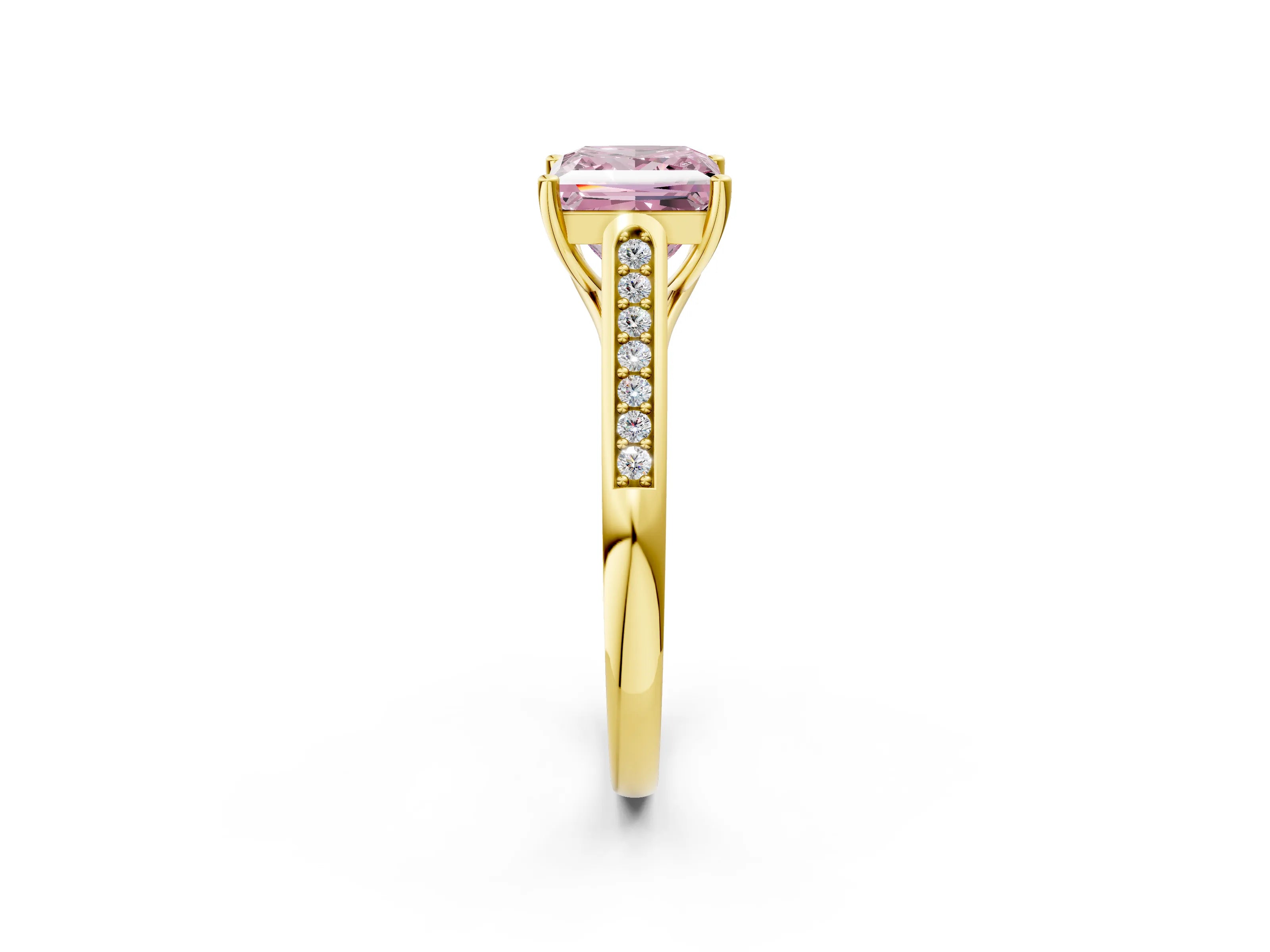 Yellow gold Fancy Pink Princess Cut Solitaire Cathedral Diamond Engagement Ring with Channel-Set Band and Four-Prong Setting_5