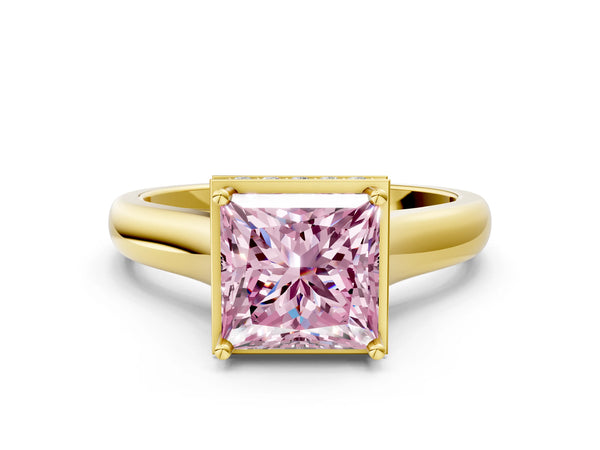 Yellow gold Fancy Pink Princess Cut Solitaire Diamond Engagement Ring with Four-Prong Setting and Tapered Band