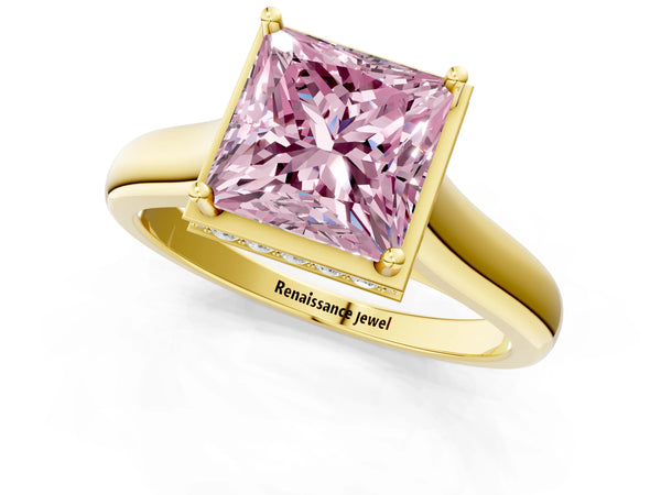 Yellow gold Fancy Pink Princess Cut Solitaire Diamond Engagement Ring with Four-Prong Setting and Tapered Band