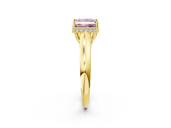 Yellow gold Fancy Pink Princess Cut Solitaire Diamond Engagement Ring with Four-Prong Setting and Tapered Band