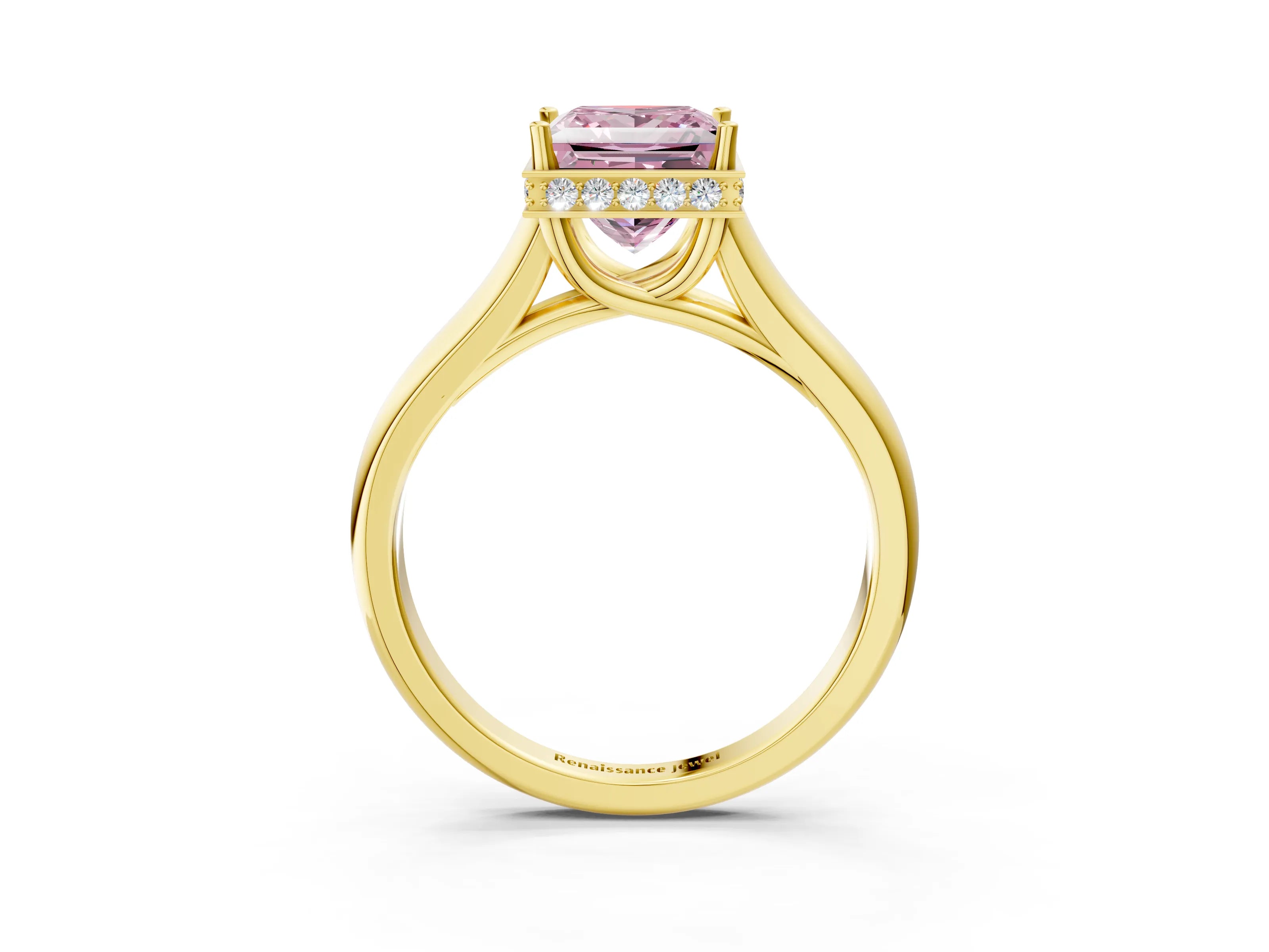 Yellow gold Fancy Pink Princess Cut Solitaire Diamond Engagement Ring with Four-Prong Setting and Tapered Band_3
