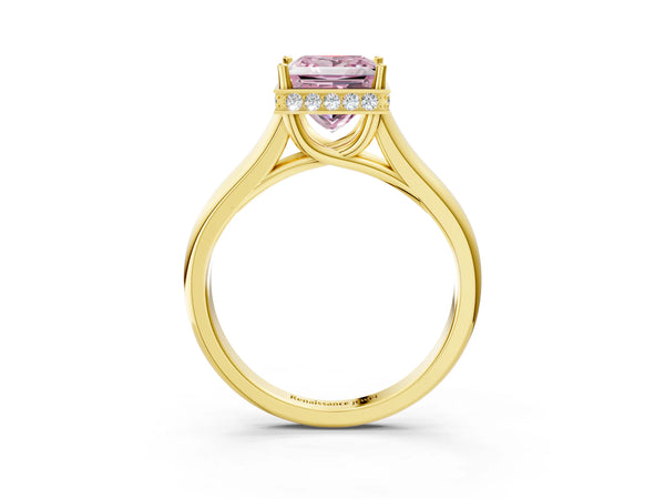 Yellow gold Fancy Pink Princess Cut Solitaire Diamond Engagement Ring with Four-Prong Setting and Tapered Band