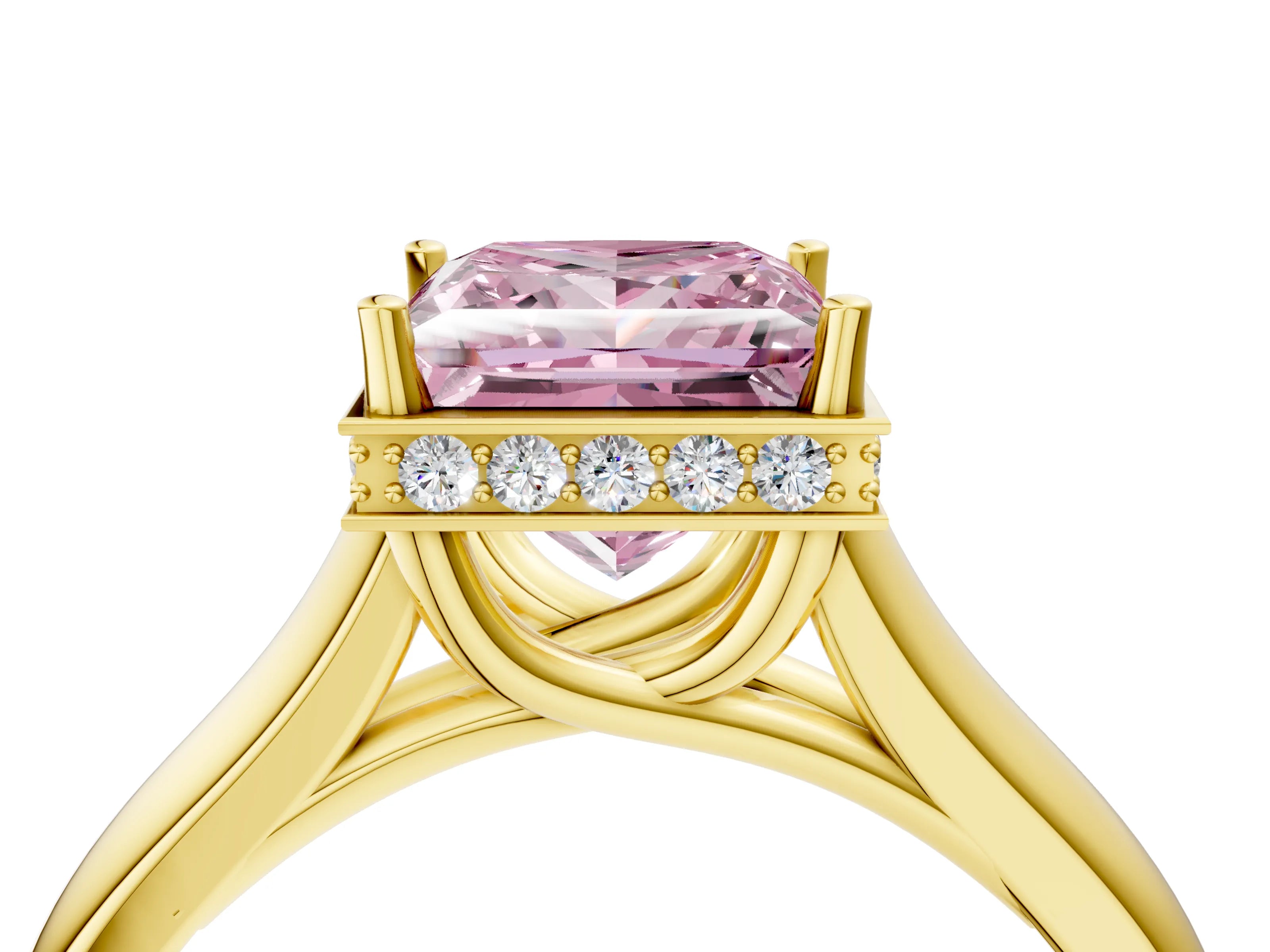 Yellow gold Fancy Pink Princess Cut Solitaire Diamond Engagement Ring with Four-Prong Setting and Tapered Band_4