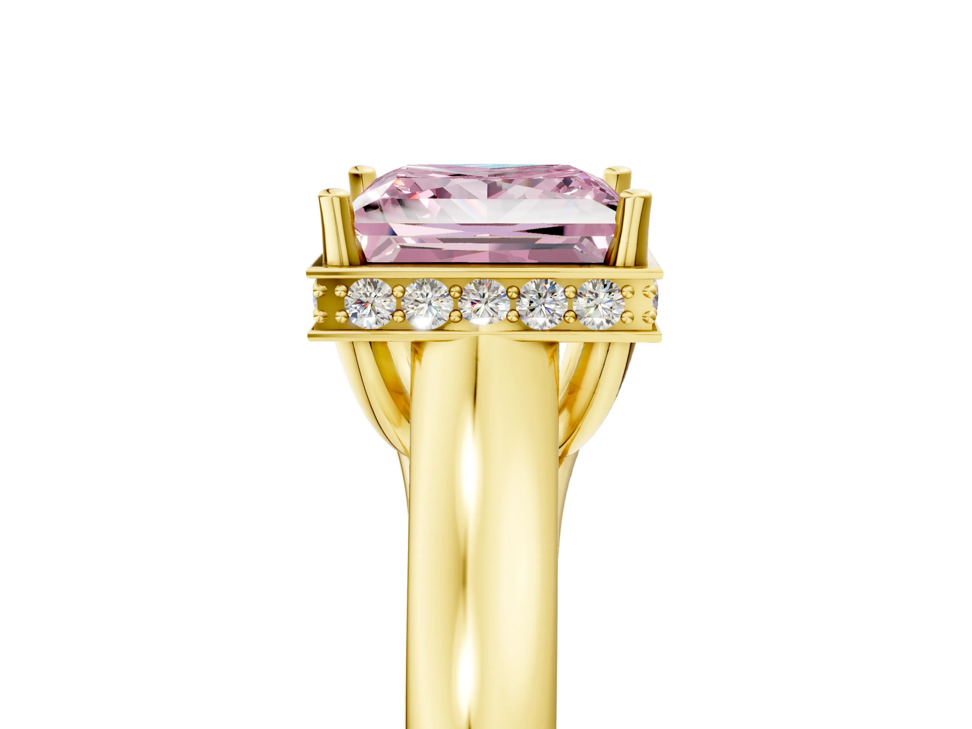 Yellow gold Fancy Pink Princess Cut Solitaire Diamond Engagement Ring with Four-Prong Setting and Tapered Band_5