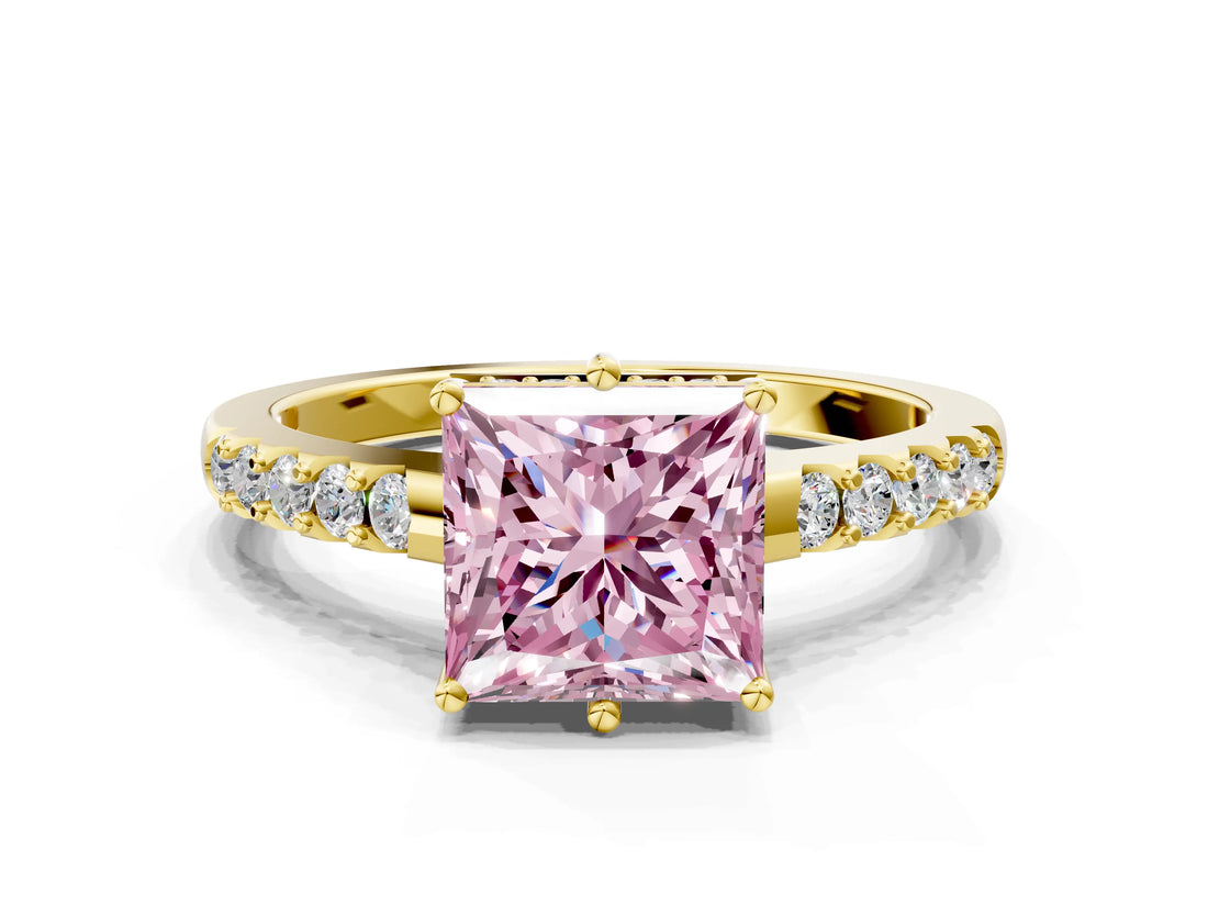 Yellow gold Fancy Pink Princess Cut Solitaire Diamond Engagement Ring with Pavé Band and Six-Prong Setting_12