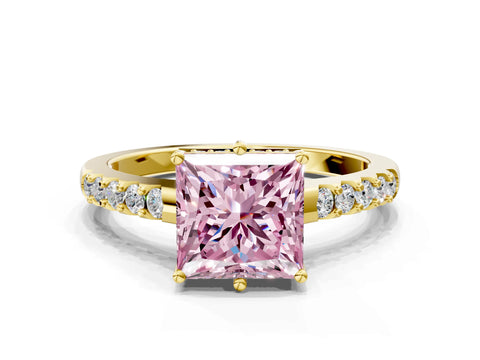 Yellow gold Fancy Pink Princess Cut Solitaire Diamond Engagement Ring with Pavé Band and Six-Prong Setting_12