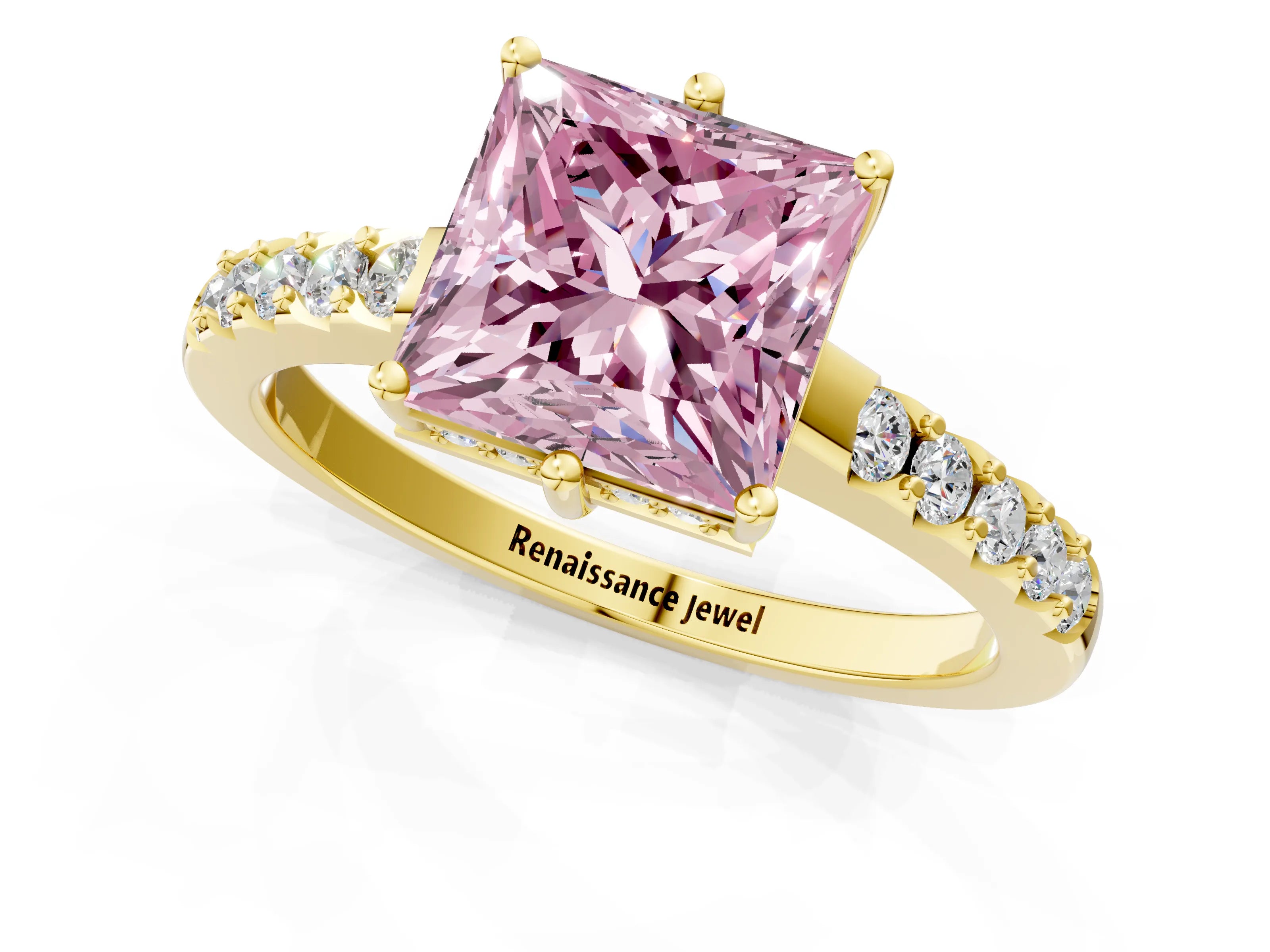 Yellow gold Fancy Pink Princess Cut Solitaire Diamond Engagement Ring with Pavé Band and Six-Prong Setting_13