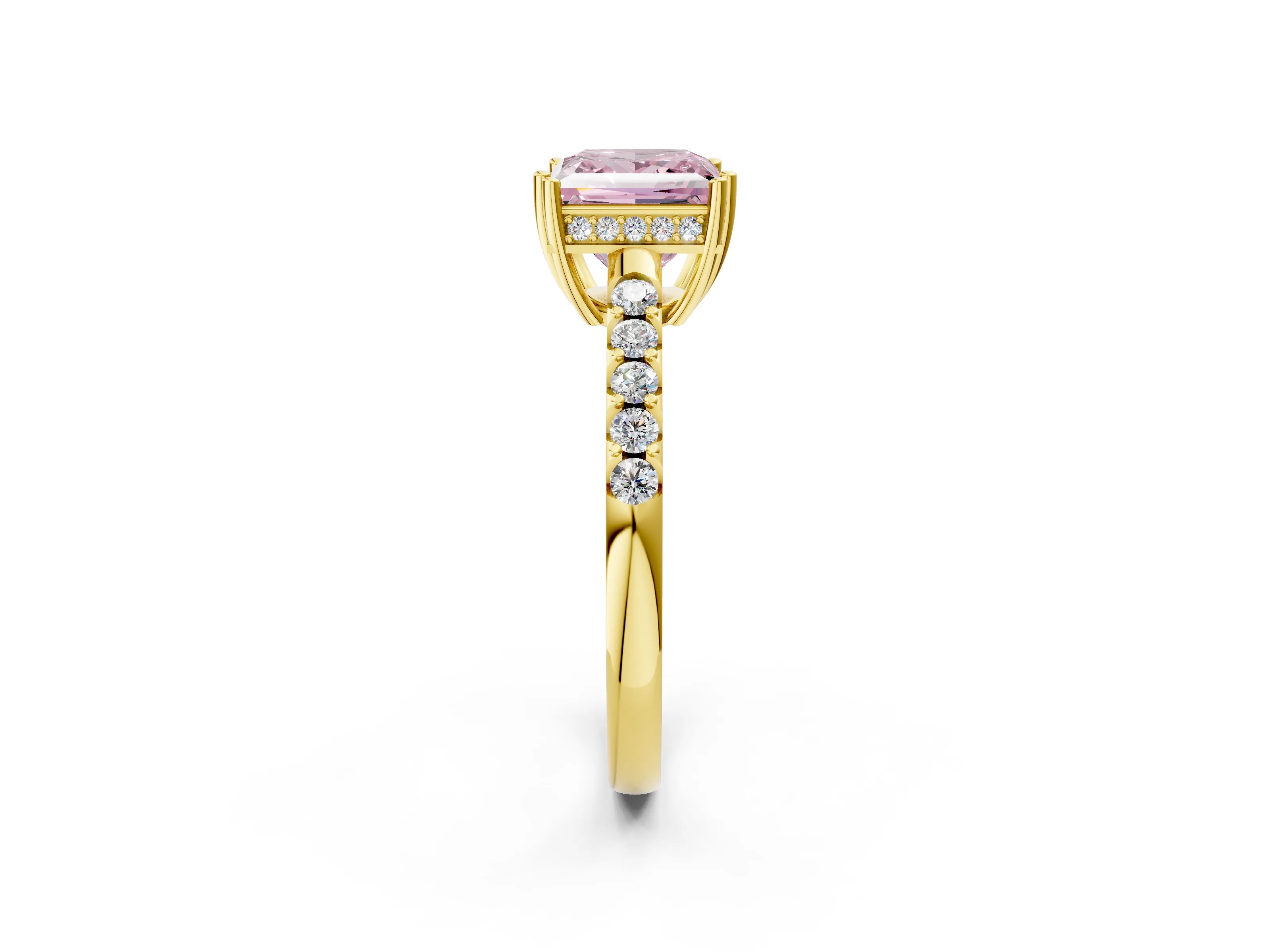 Yellow gold Fancy Pink Princess Cut Solitaire Diamond Engagement Ring with Pavé Band and Six-Prong Setting_14