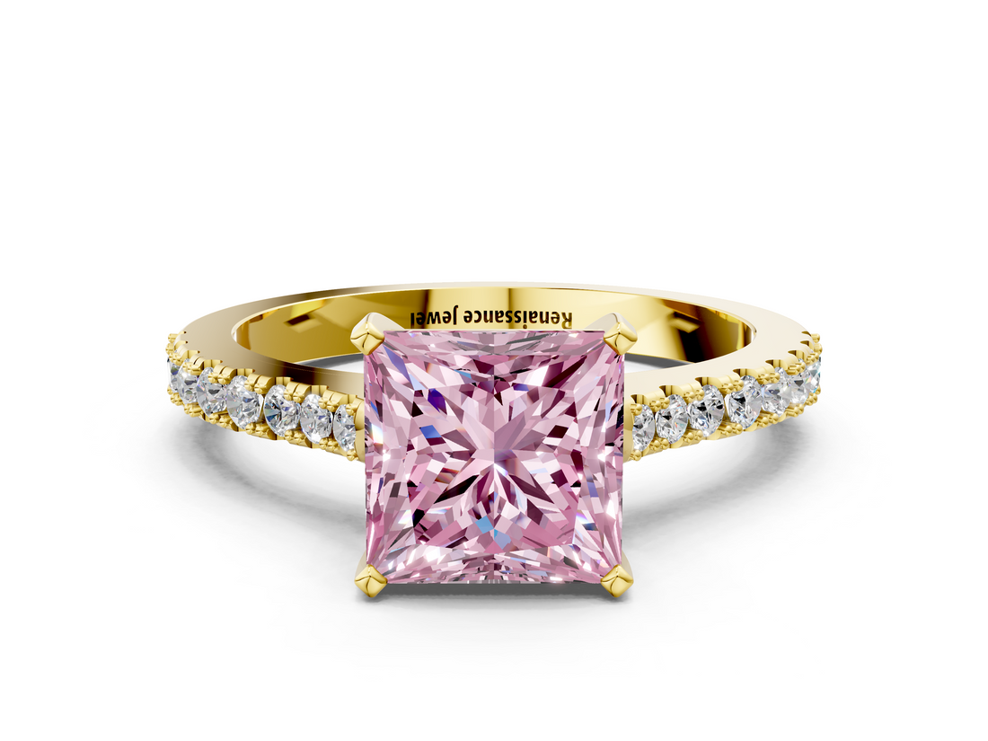 Yellow gold Fancy Pink Princess  Cut Solitaire Diamond Engagement Ring with Pave Band and Four-Prong Setting
