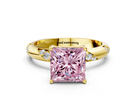 Yellow gold Fancy Pink Princess Cut Solitaire Diamond Engagement Ring with Twisted Pave Band and Four-Prong Setting_3