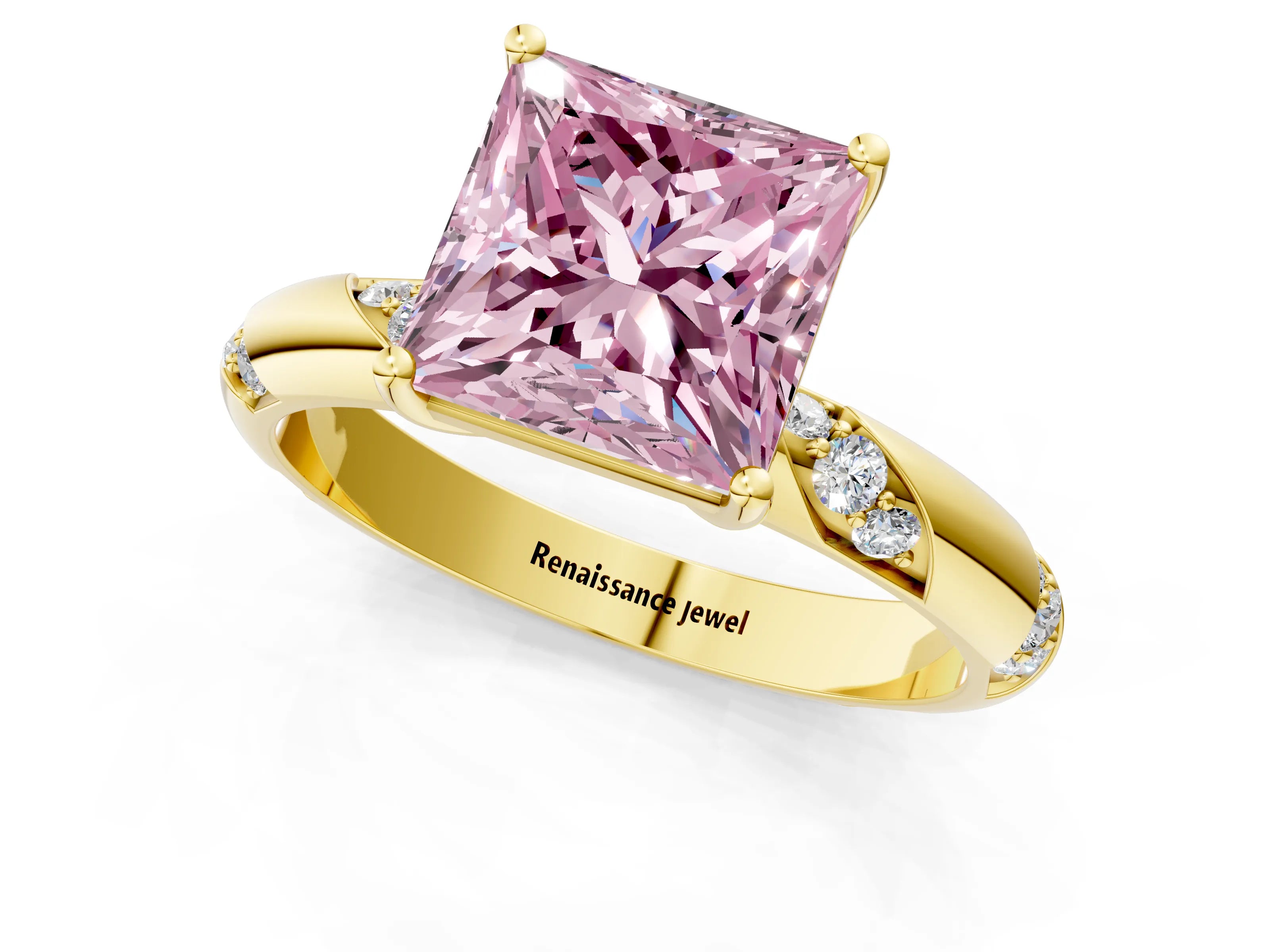Yellow gold Fancy Pink Princess Cut Solitaire Diamond Engagement Ring with Twisted Pave Band and Four-Prong Setting_4