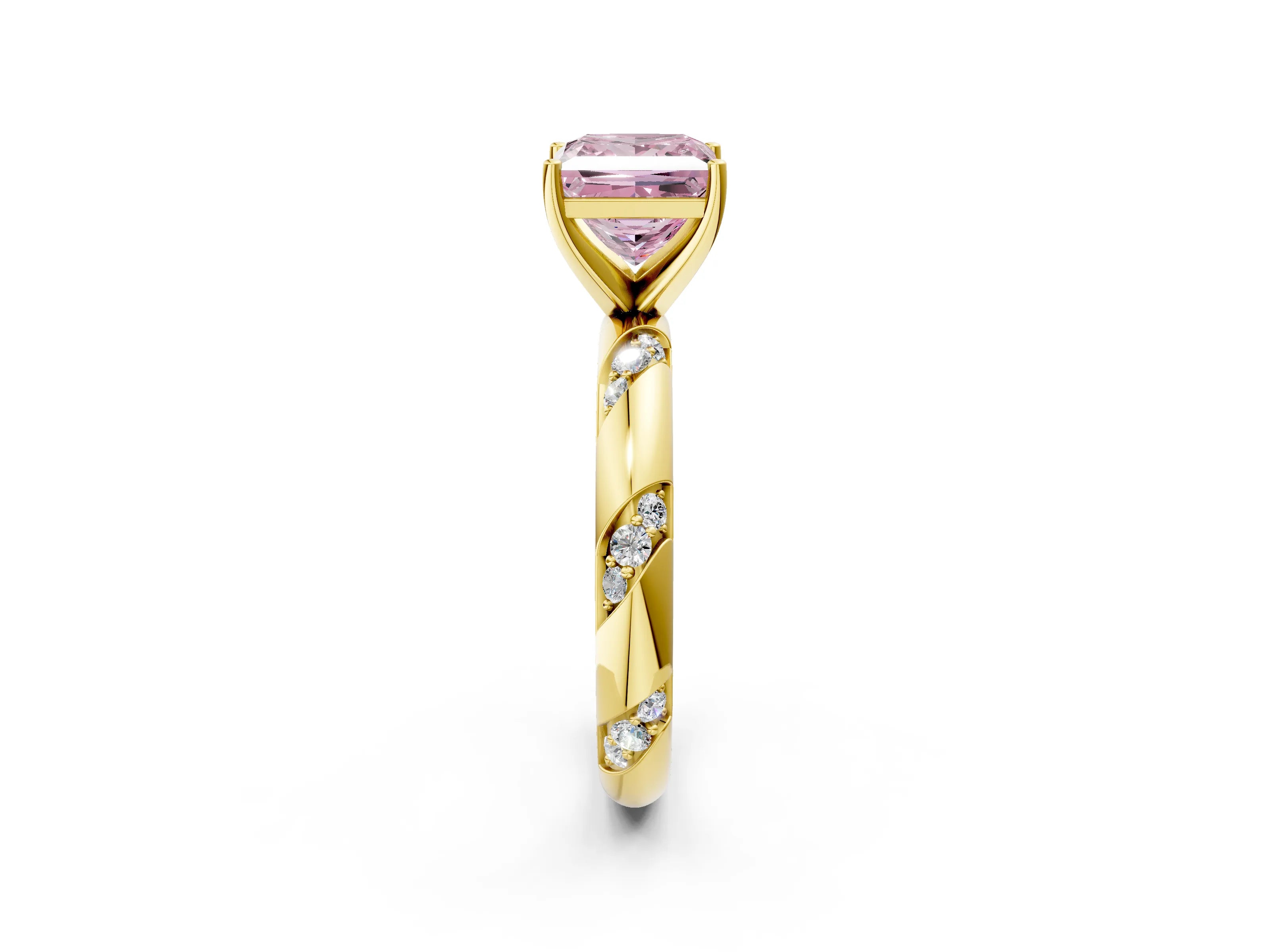 Yellow gold Fancy Pink Princess Cut Solitaire Diamond Engagement Ring with Twisted Pave Band and Four-Prong Setting_5