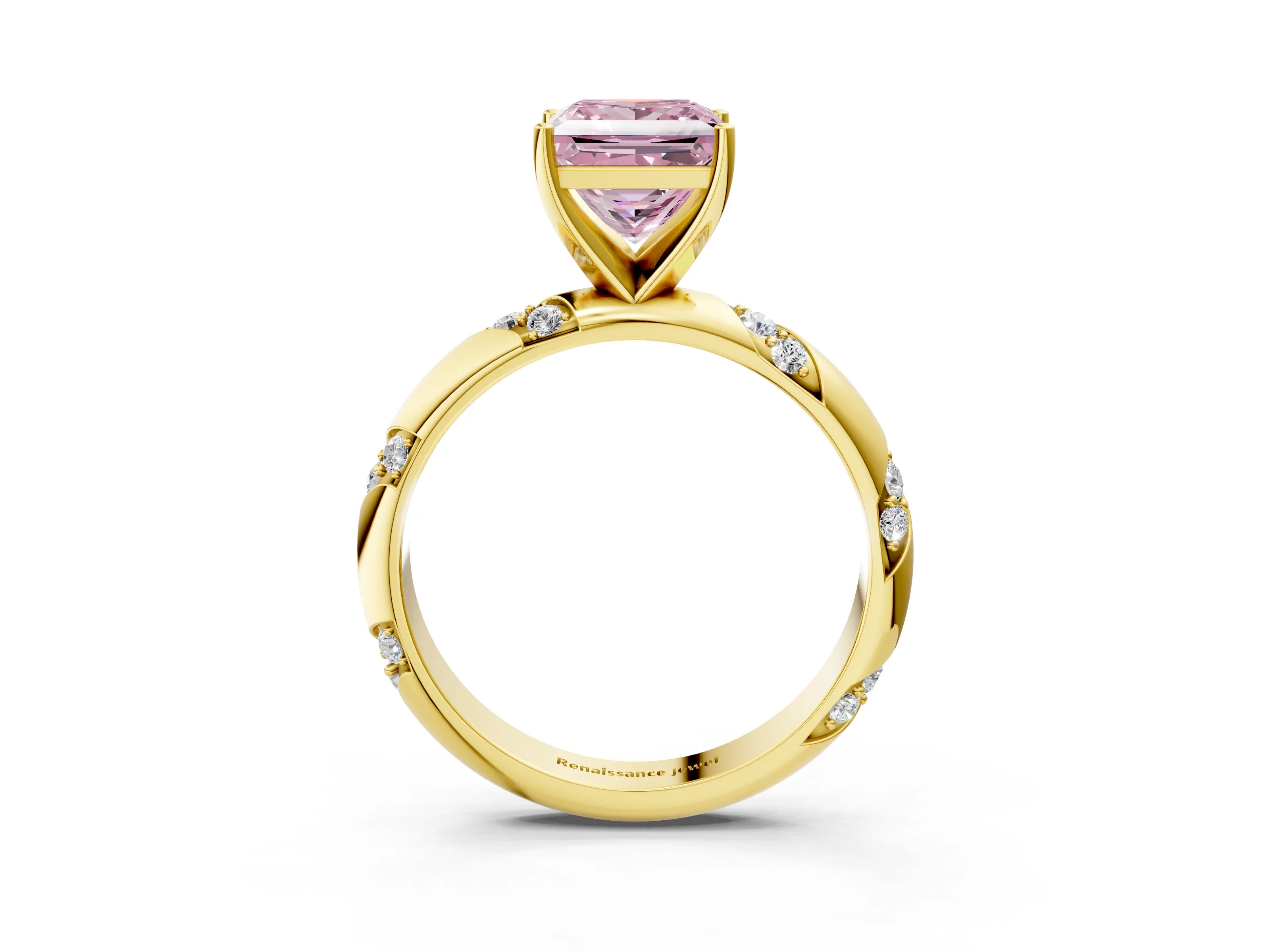 Yellow gold Fancy Pink Princess Cut Solitaire Diamond Engagement Ring with Twisted Pave Band and Four-Prong Setting_6