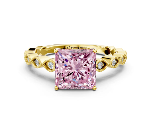 Yellow gold Fancy Pink Princess Cut Solitaire Diamond Ring with Infinity Twist Band and Four-Prong Setting