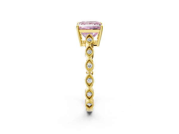 Yellow gold Fancy Pink Princess Cut Solitaire Diamond Ring with Infinity Twist Band and Four-Prong Setting