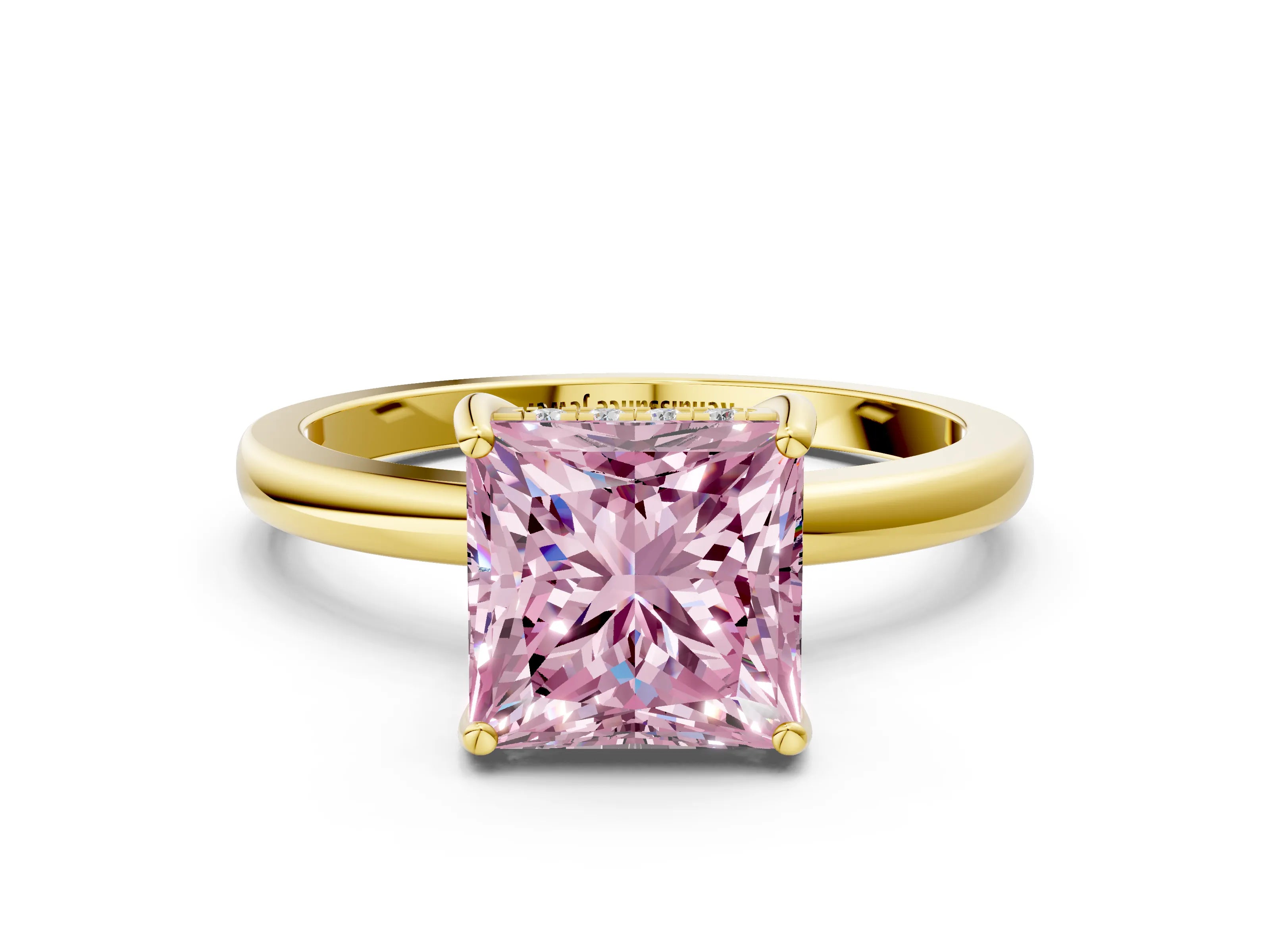Yellow gold Fancy Pink Princess Cut Solitaire Diamond Ring with Prong Setting and Plain Band