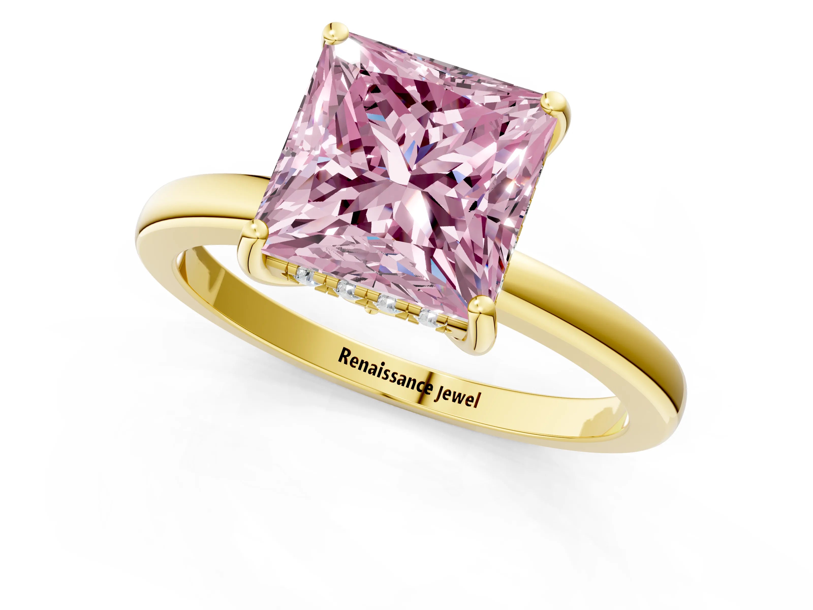 Yellow gold Fancy Pink Princess Cut Solitaire Diamond Ring with Prong Setting and Plain Band_1