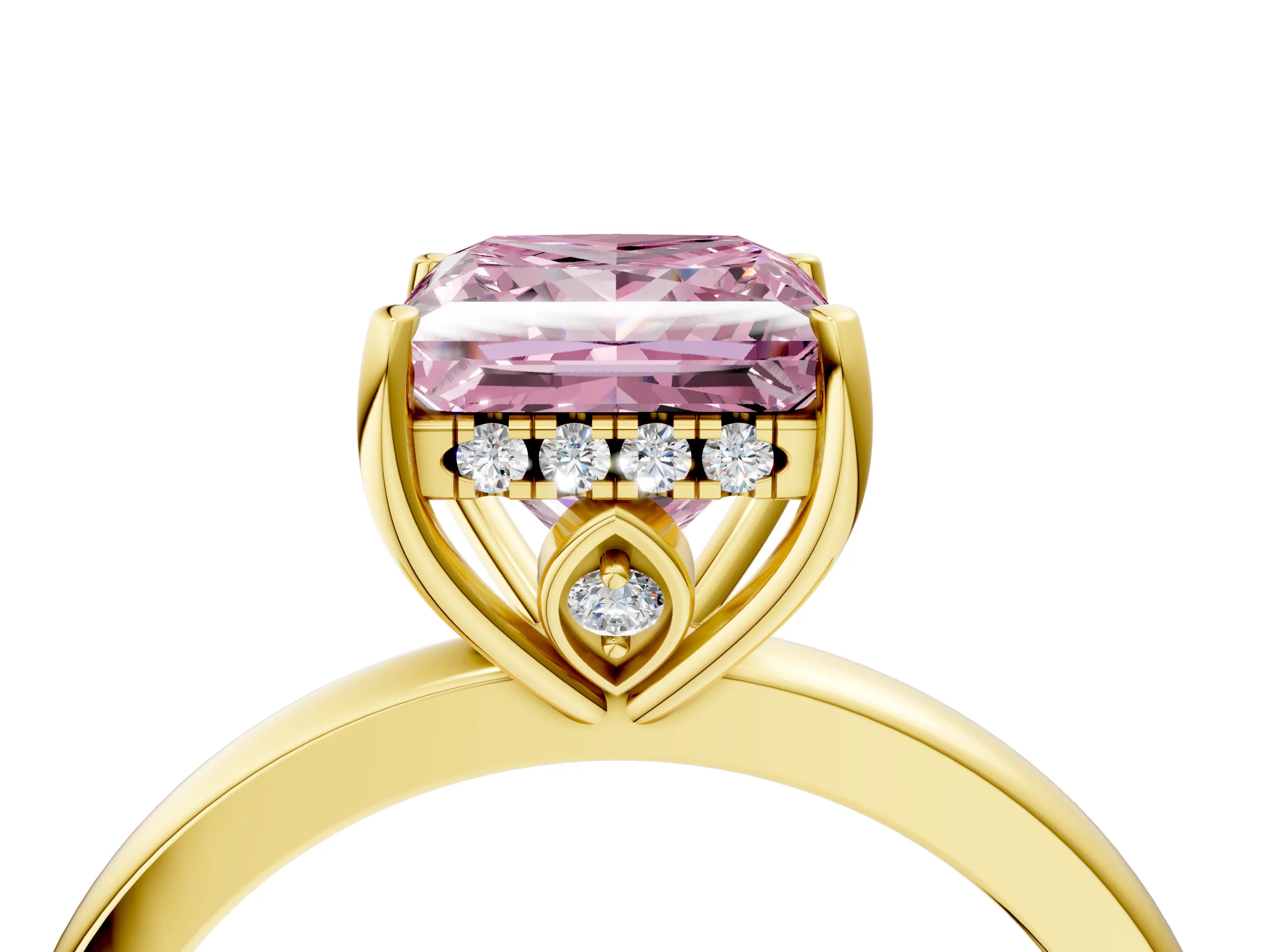 Yellow gold Fancy Pink Princess Cut Solitaire Diamond Ring with Prong Setting and Plain Band_4
