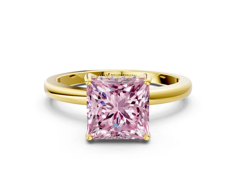 Yellow gold Fancy Pink Princess Cut Solitaire Diamond Ring with Prong Setting and Plain Band