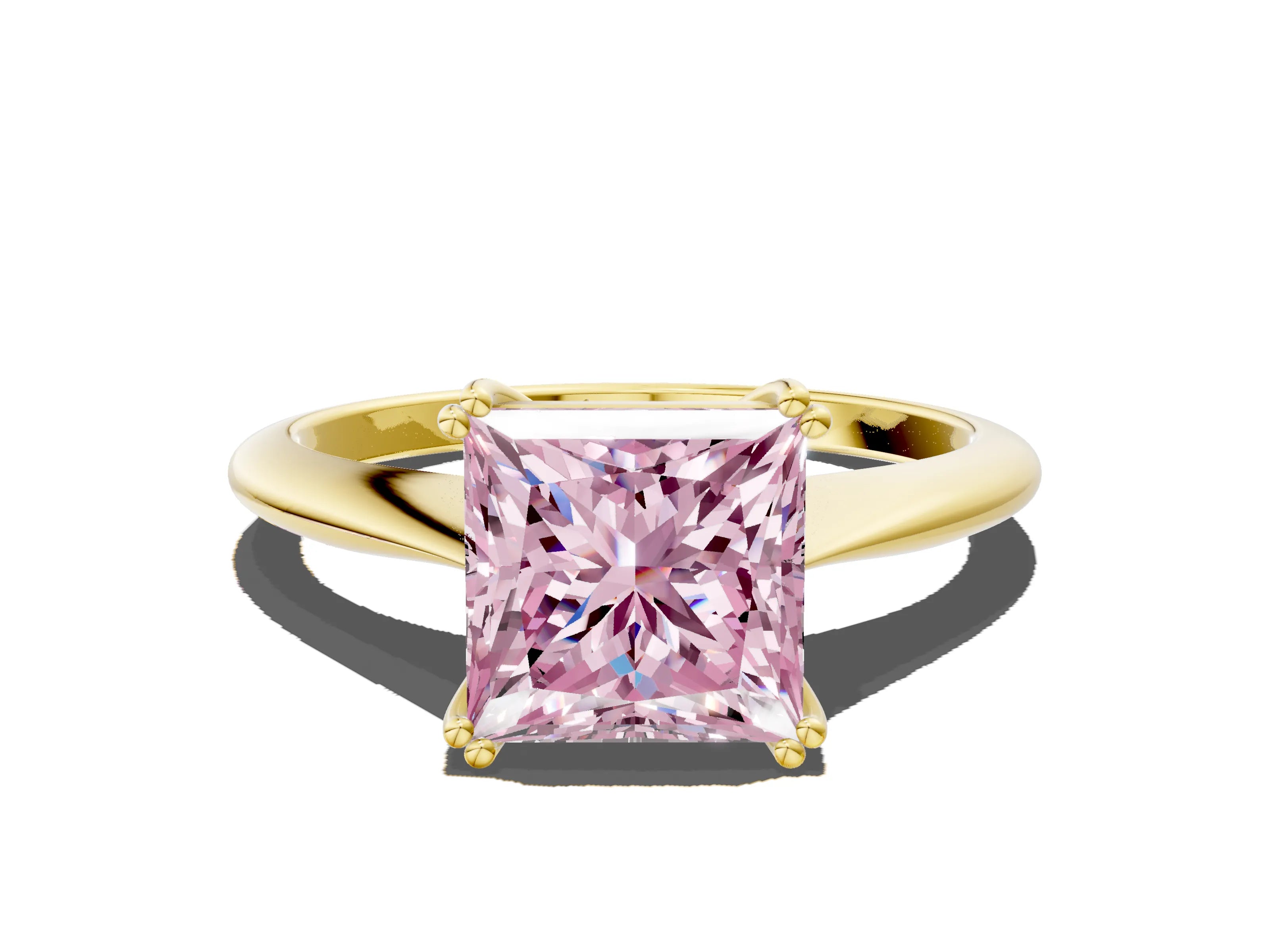 Yellow gold Fancy Pink Princess Cut Solitaire Diamond Ring with Six-Prong Setting and Classic Band