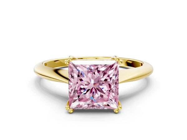Yellow gold Fancy Pink Princess Cut Solitaire Diamond Ring with Six-Prong Setting and Classic Band