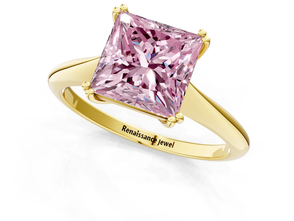 Yellow gold Fancy Pink Princess Cut Solitaire Diamond Ring with Six-Prong Setting and Classic Band