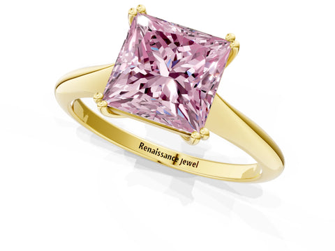 Yellow gold Fancy Pink Princess Cut Solitaire Diamond Ring with Six-Prong Setting and Classic Band_1