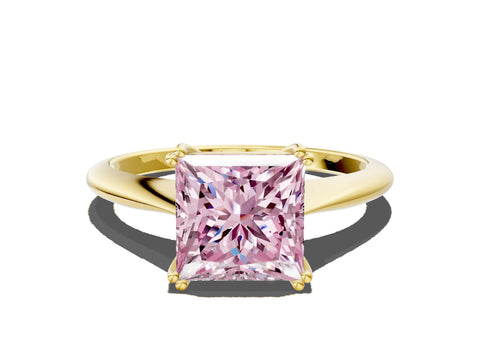 Yellow gold Fancy Pink Princess Cut Solitaire Diamond Ring with Six-Prong Setting and Classic Band