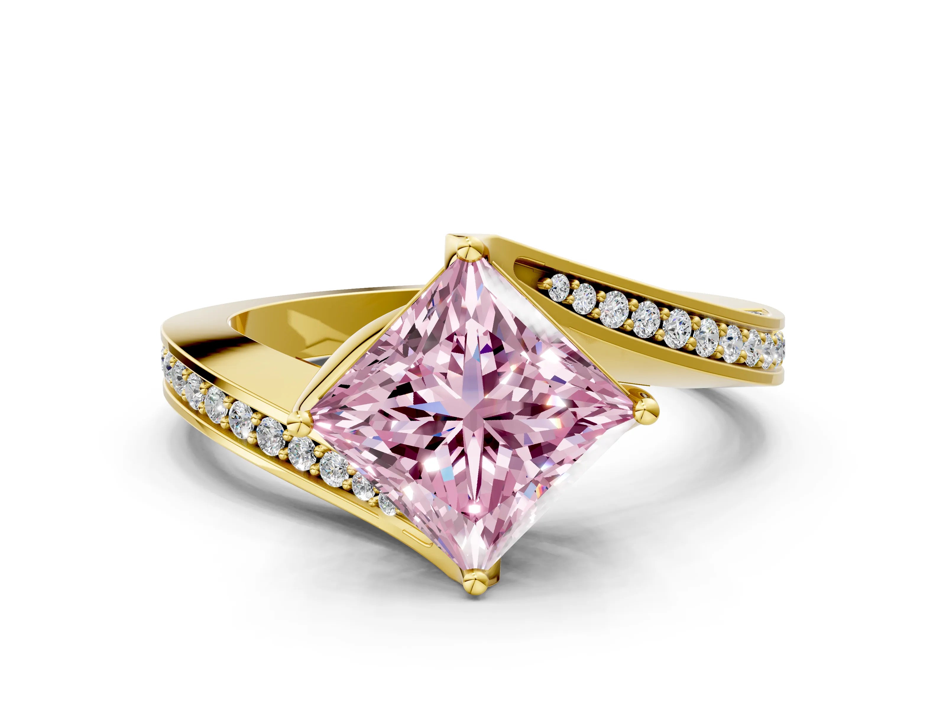 Yellow gold Fancy Pink Princess Cut Solitaire Diamond Twist Band with Pavé Setting and Four-Prong Setting