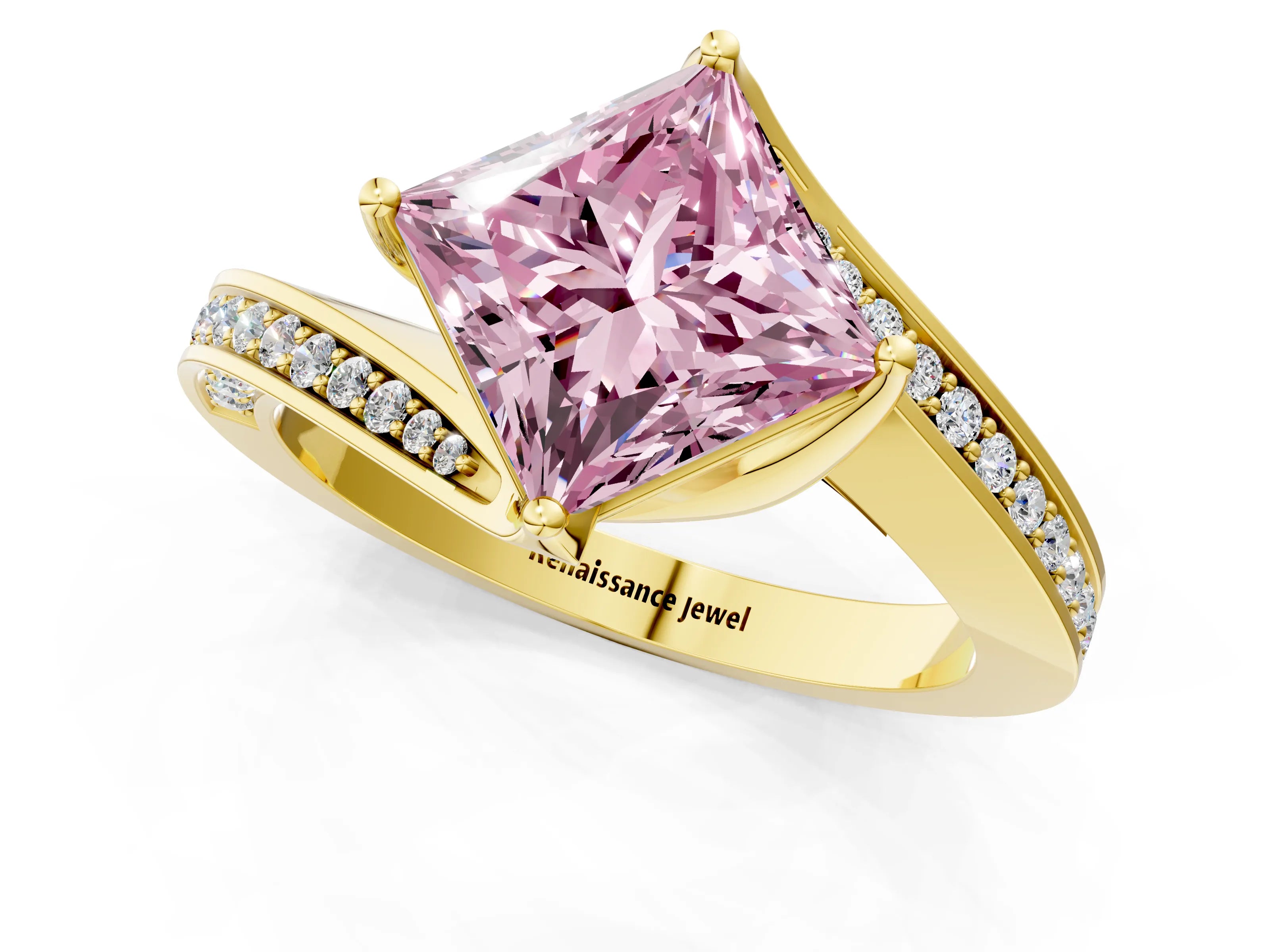 Yellow gold Fancy Pink Princess Cut Solitaire Diamond Twist Band with Pavé Setting and Four-Prong Setting_1
