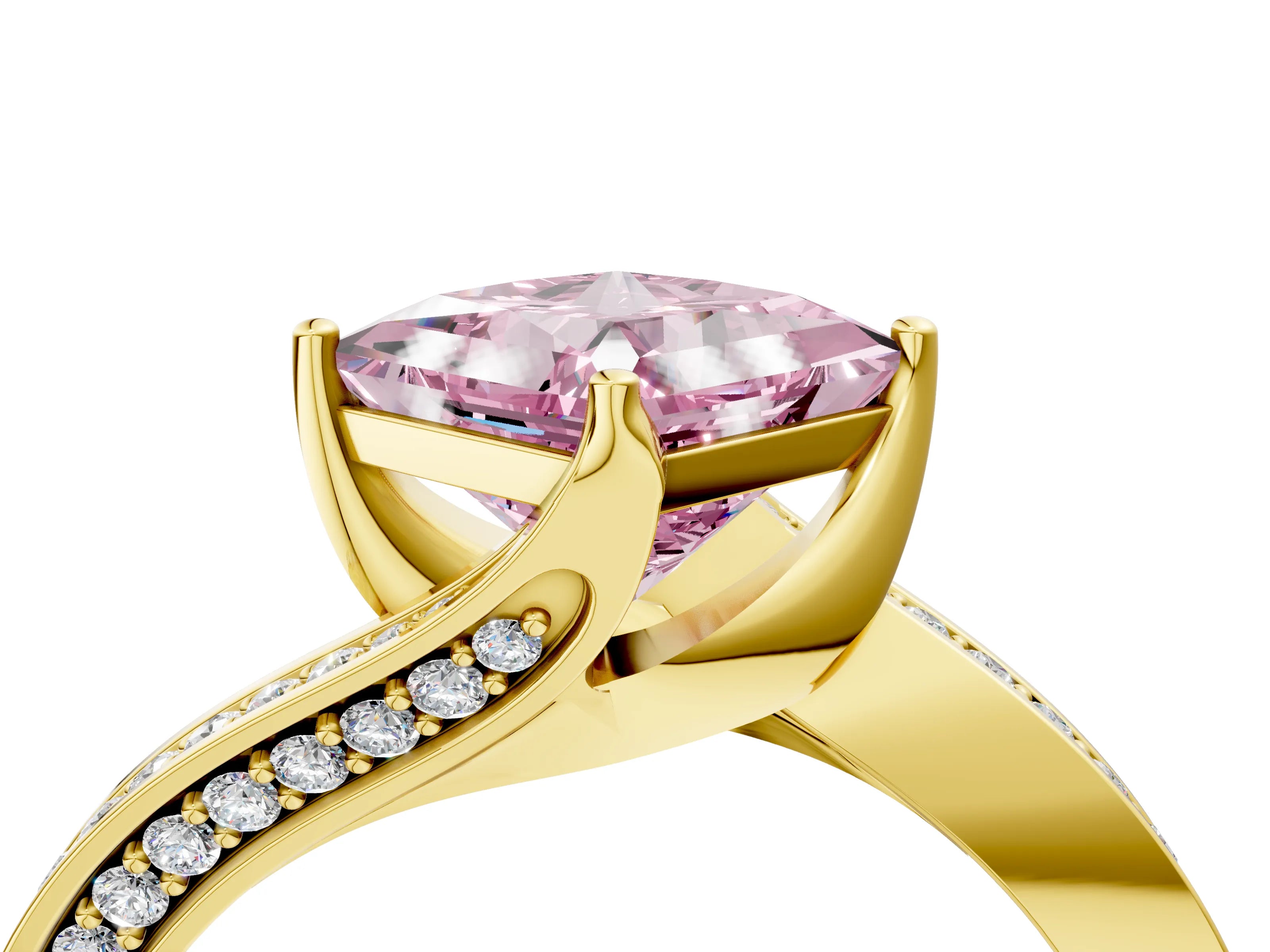 Yellow gold Fancy Pink Princess Cut Solitaire Diamond Twist Band with Pavé Setting and Four-Prong Setting_4