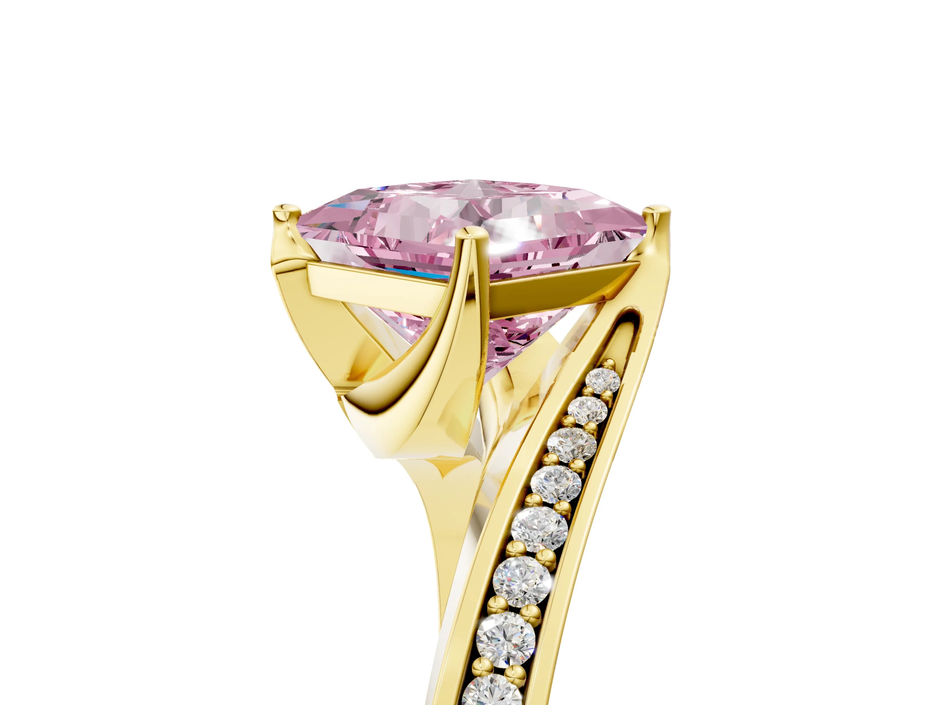 Yellow gold Fancy Pink Princess Cut Solitaire Diamond Twist Band with Pavé Setting and Four-Prong Setting_5