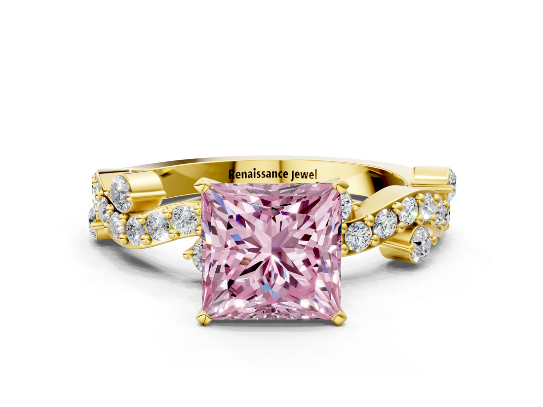 Yellow gold Fancy Pink Princess  Cut Solitaire Diamond Twisted Band with Pave Setting