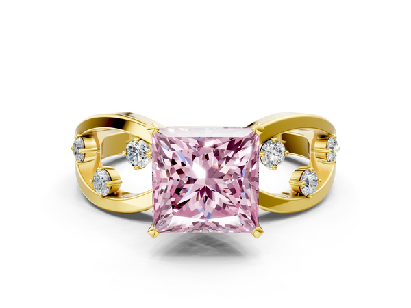 Yellow gold Fancy Pink Princess  Cut Solitaire Diamond with Side Stones on Criss-Cross Band and Four-Prong Setting