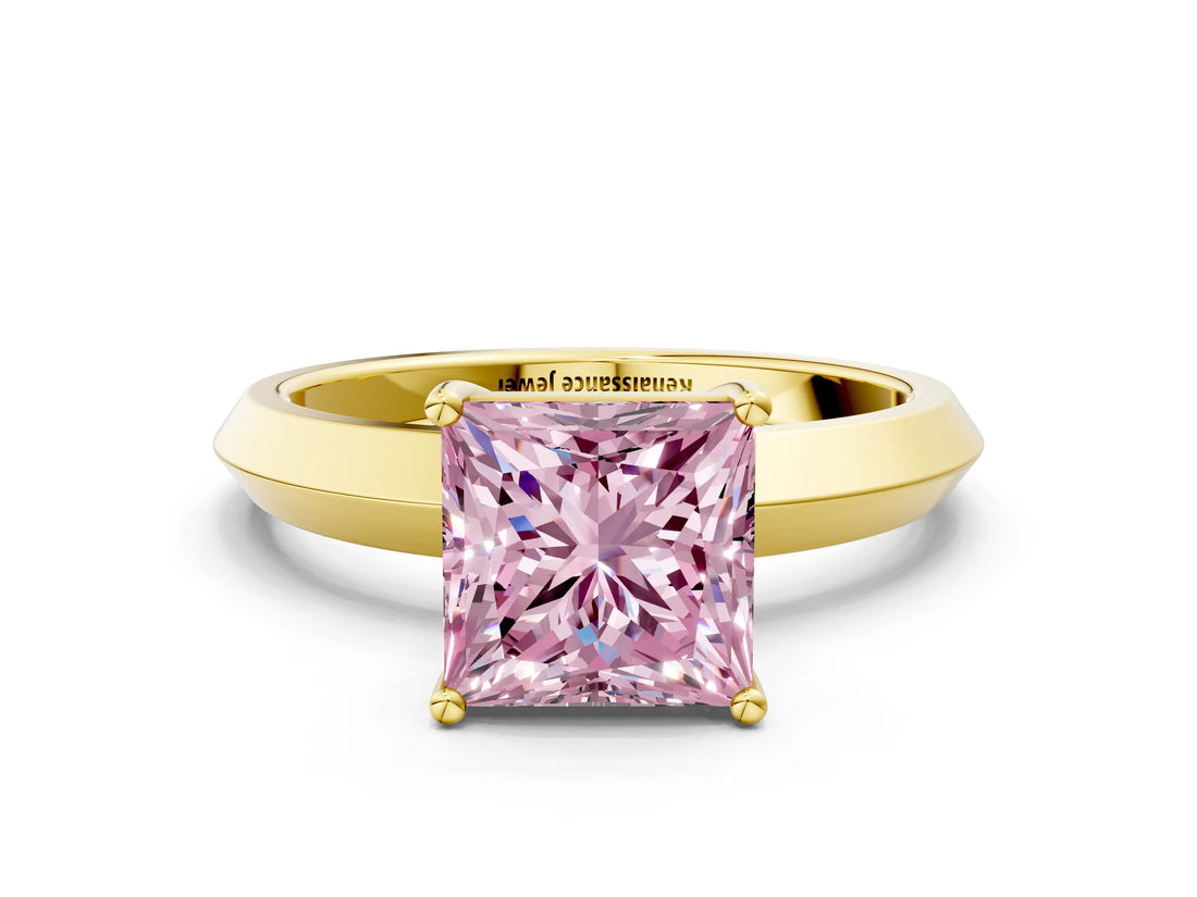Yellow gold Fancy Pink Princess  Cut Solitaire Engagement Ring with Flat Band and Four-Prong Setting 1