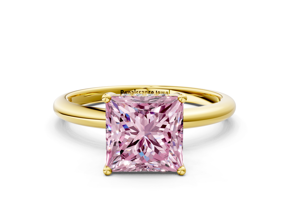 Yellow gold Fancy Pink Princess  Cut Solitaire Engagement Ring with Four-Prong Setting and Classic Band