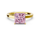 Yellow gold Fancy Pink Princess  Cut Solitaire Engagement Ring with Four-Prong Setting on a Classic Band