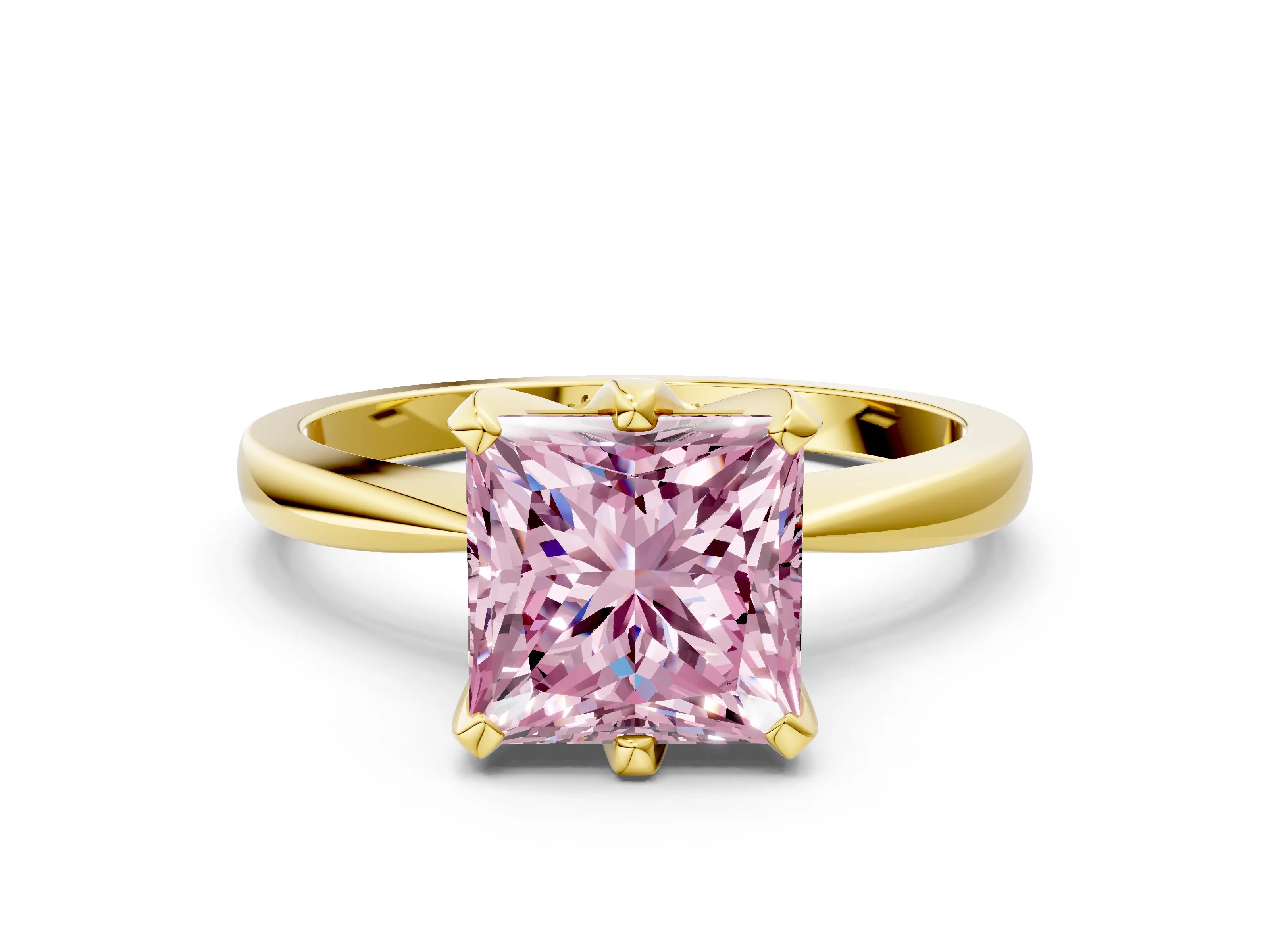 Yellow gold Fancy Pink Princess Cut Solitaire Engagement Ring with Six-Prong Setting and Tapered Band