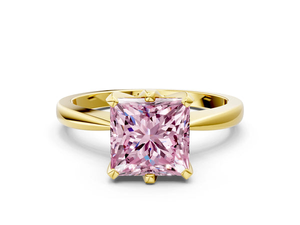 Yellow gold Fancy Pink Princess Cut Solitaire Engagement Ring with Six-Prong Setting and Tapered Band