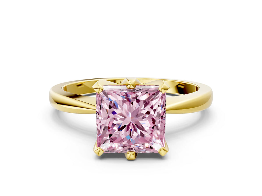 Yellow gold Fancy Pink Princess Cut Solitaire Engagement Ring with Six-Prong Setting and Tapered Band