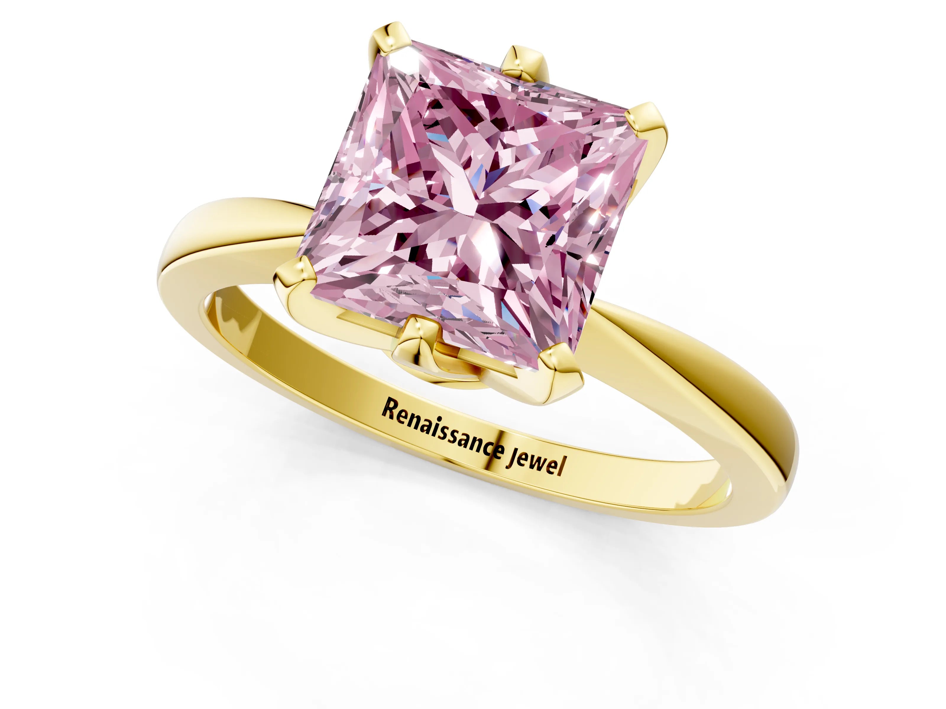 Yellow gold Fancy Pink Princess Cut Solitaire Engagement Ring with Six-Prong Setting and Tapered Band_1